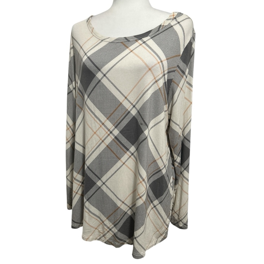 MAURICES Women’s 24/7 Plaid Pattern Long Sleeve Knit Tee Top Size 0X Cream, Grey